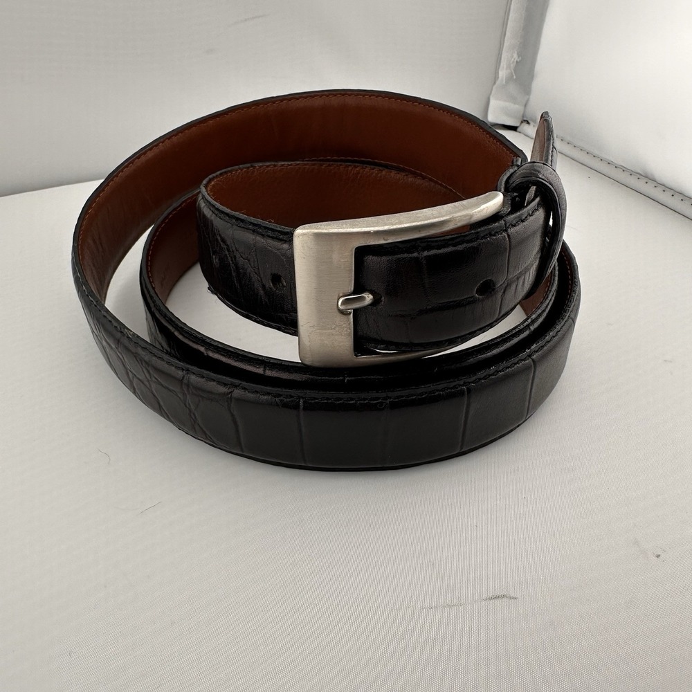 Mens Black Full Grain Croco Embossed Leather Belt 46 115 Brass Buckle‎ Classic